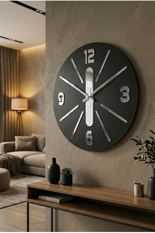 AA Shop Siyah Renk Hediyelik Ahşap Aynalı Dekoratif Farklı Desenli Duvar Saati 50cm Siyah