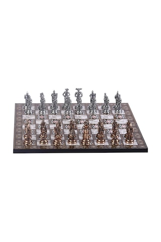 Orta Boy Metal İspanyol Satranç Takımı Antik Ve Sedef Desenli Mdf