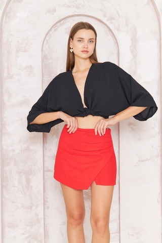 Kadın Kırmızı Drapeli Yırtmaçlı Keten Karışımlı Mini Şort Etek Dm2035 961 Kırmızı