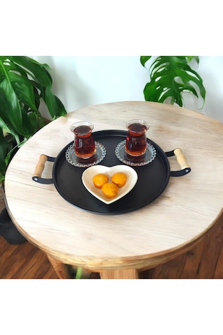 Tepsi Seti Ahşap Kulplu Siyah Metal Çay Tepsisi Kahve Tepsisi