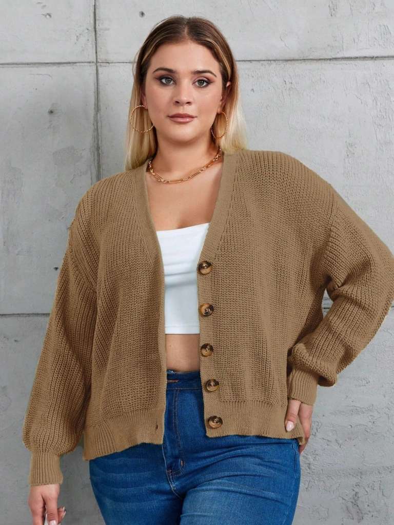 Tua Moda Kadın Beş Düğme Büyük Beden Triko Hırka Kahve