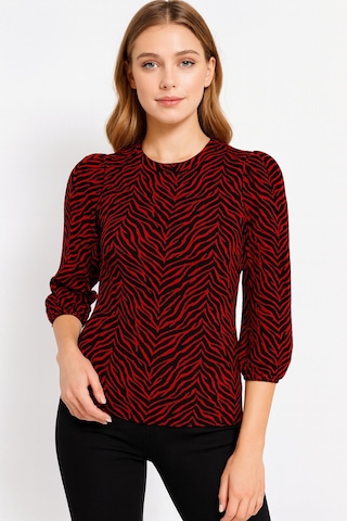 Kadın Bisiklet Yaka Esnek Desenli Spor Şık Truvakar Kol Bluz Bordo