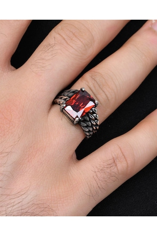 Prestij Gümüş Gemici Zincir Modeli Kırmızı Zirkon Taşlı 925 Ayar Gümüş Erkek Yüzüğü 800927