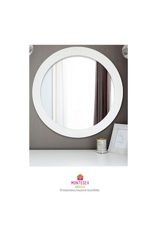 Safir Beyaz Dekoratif Ayna Yuvarlak Işlemeli Duvar Aynası 69 Cm