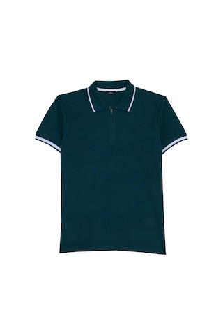 Erkek Slim Fit Dar Kesim %100 Pamuk Jakarlı Düz Yaka Ve Kol Detaylı Yeşil Polo Yaka Tişört-50212 Yeşil