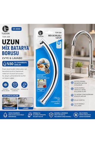 Tudor Tdr-284 Kuğu Uzun Mix Batarya Borusu - Evye Ve Lavabo, Krom Kaplama, Süzgeçli Uç, Vakumlu