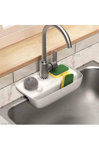 Beyaz Musluk Düzenleyici Evyelik Mutfak Lavabo Tezgah Üzeri Bölmeli Organizer Beyaz