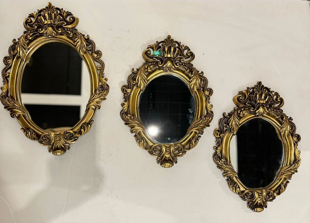 Dekoratif Polyester Üçlü Yaprak Ayna Takımı Gold Eskitme