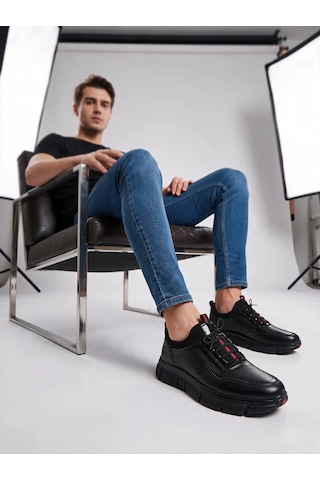 Aren Hakiki Deri Günlük Kullanım Erkek Sneaker Günlük Ayakkabı siyah