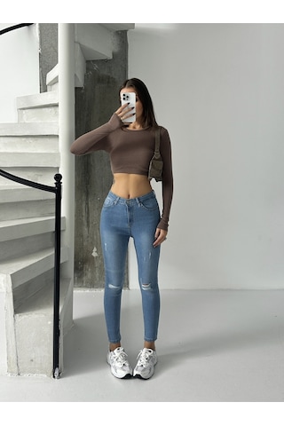 Kadın Diz Lazer Yırtık İşlemli Kot Dar Paça Mavi