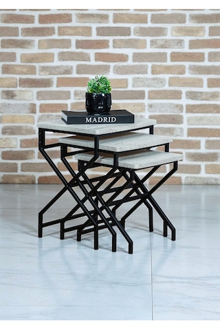 Zigon Sehpa Metal Ayaklı Beyaz Ahşap Kare Misafir Sehpası 3'lü