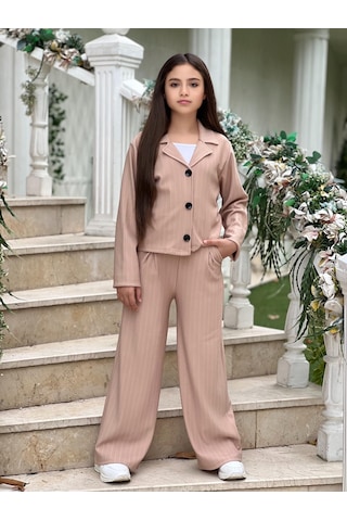 Kız Çocuk Ceket Pantolon Takım Cepli Düğme Detaylı Piliseli Pantolon 6-16 Yaş 31596 Krem