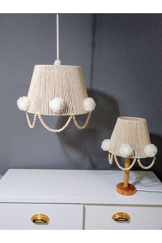 Makrome İp Sargılı Avize Abajur Set Çocuk Odası Avize Bebek Odası Avize Ponpon Boncuk Ekru