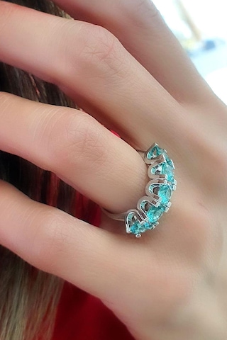 Sky Diamond Blue Aquamarin Taşlı 925 Ayar Gümüş Beş Taş Yüzük Altın - Gümüş