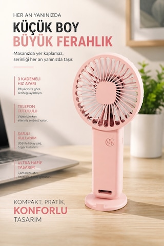 Şarjlı Mini Fan Vantilatör 3 Kademeli Masaüstü Kullanımlı El Fanı Telefon Tutuculu Usb Taşınabilir Sessiz