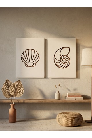 Maris Relief 2'li Duvar Sanatı Seti - Modern Minimalist Deniz Kabuğu Motifli Kazıma Tablo