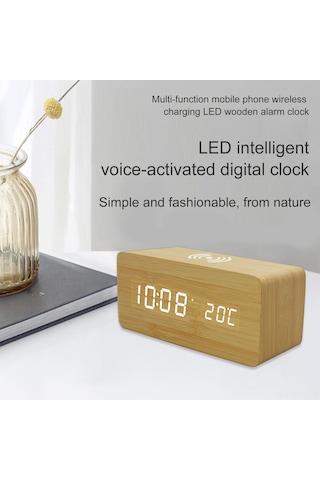 Springsun Ahşap Kasa Led Akıllı Alarm Saat - Kablosuz Şarj, Ses Kontrol, 3 Alarm, Zaman/tarih/sıcaklık Gösterimi, Parlaklık Ayarlama