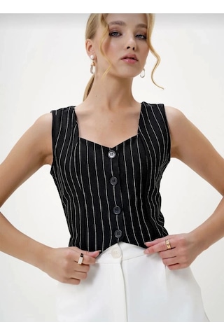 Çizgili Krep Düğmeli Yelek Siyah S3395 Siyah