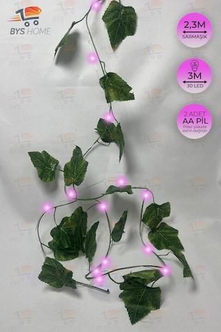 Dekoratif Yeşil Yapraklı 230 Cm Yapay Sarmaşık Ve 300 Cm Peri Led Pembe Renk - Pembe Pembe