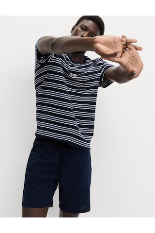 Marks & Spencer Saf Pamuklu Çizgili Pijama Takımı T07000090 Lacivert