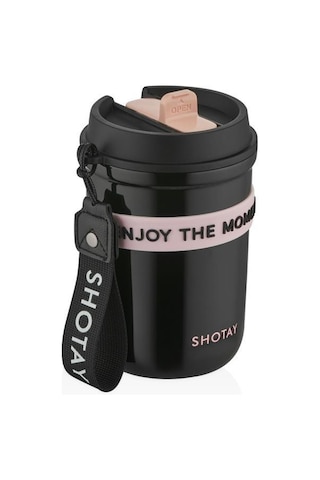 Shotay Strow Çelik Termos Mug 410ml Siyah Siyah