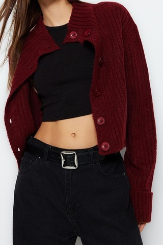 Ersefa Kadın Modern Tarz Regular Dik Yaka Crop Triko Hırka Bordo