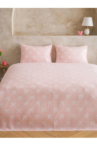 Pembe Fiyonk Desenli Pamuklu Çift Kişilik Pike Seti