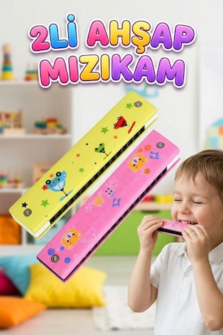 2'li Ahşap Çocuk Mızıka Seti 16 Delikli 12cm Renkli Eğitici Ahşap Oyuncak Müzik Aleti Mızıka