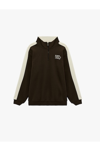 Koton Regular Fit Uzun Kollu Şardonlu Renk Kontrastlı Baskılı Yarım Fermuarlı Sweatshirt Kahverengi 6sam70040mk Kahverengi