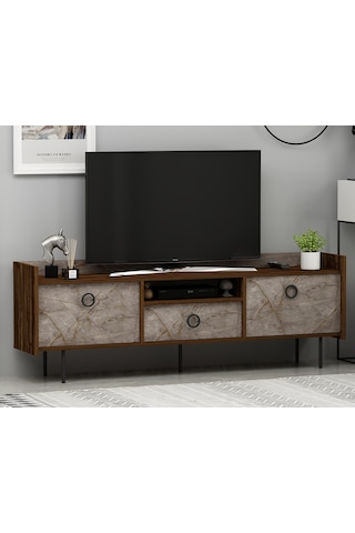 T0015 Lidya Kapaklı, Açık Raflı Tv Sehpası - Gordion Mermer/ceviz Gordion Mermer/ceviz