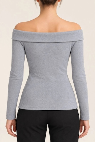 Kadın Gri Melanj Madonna Yaka Uzun Kollu Fitilli Likralı Kaşkorse Slim Fit Bluz - Gri Çok Renkli