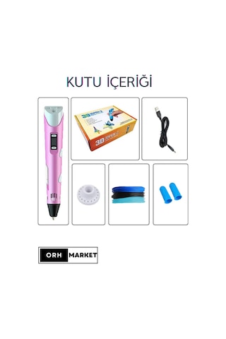 Pembe 3D Kalem 3D Pen Yazıcı Kalem – 3 Adet 3 Metrelik PLA Filament (Toplam 9M) + USB Kablo