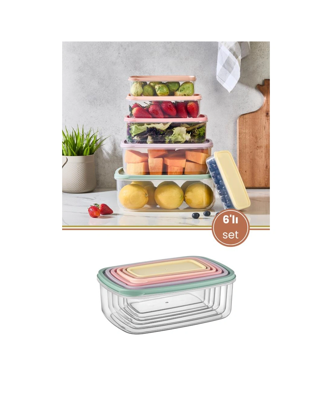 6 Lı İç İçe Geçen Kapaklı Saklama Kabı Seti, Buzdolabı Piknik Ofis Pratik Saklama Kutusu 6 Lı Set Şeffaf