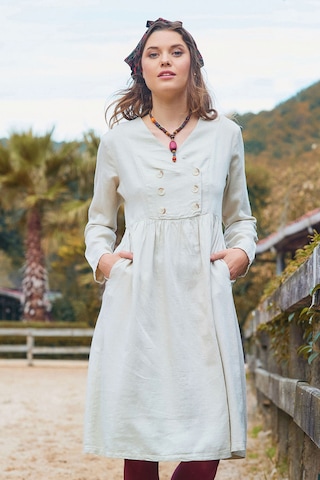 V Yaka Düğme Detaylı Fermuar Kapamalı Uzun Kollu Elbise Krem