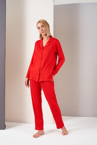Pjs Kadın Gömlek Yaka Önden Düğmeli Uzun Kollu Pijama Takım Kırmızı