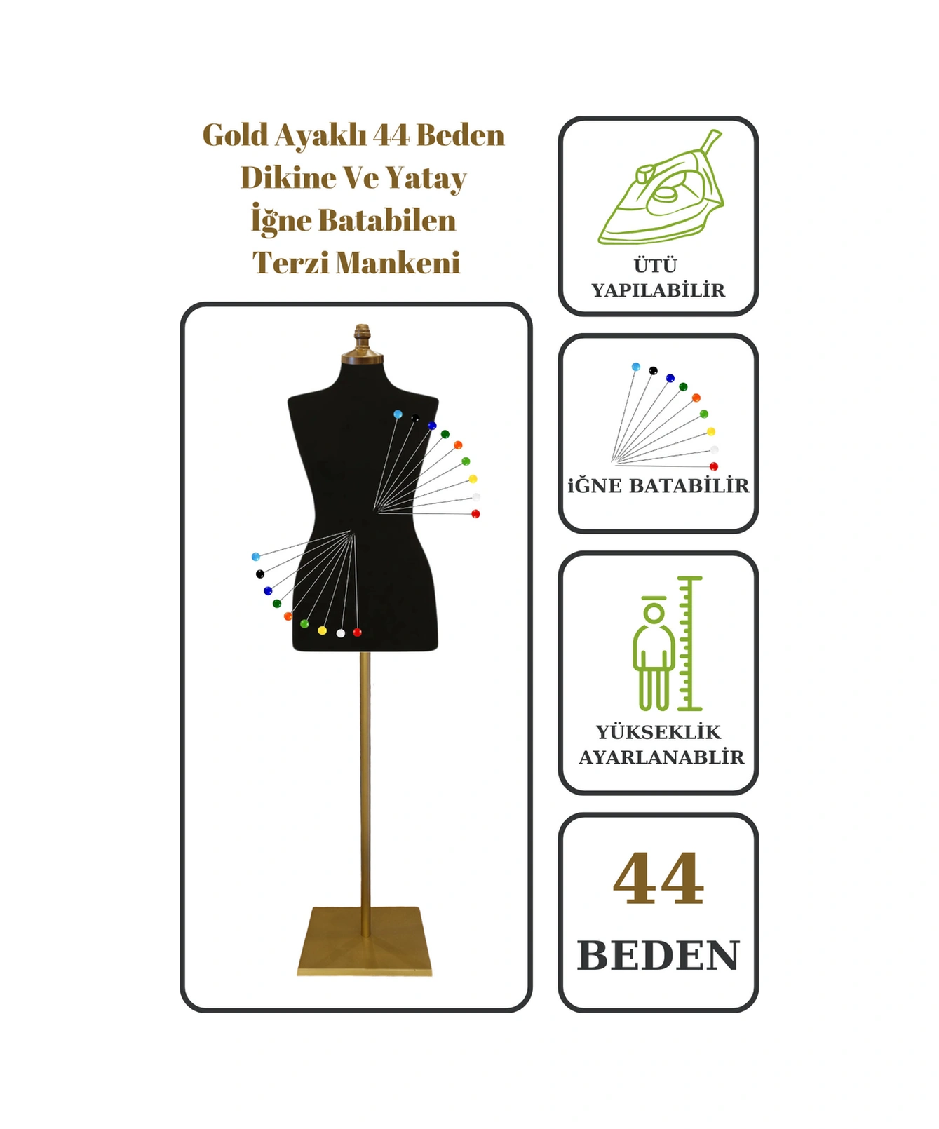 44 Beden Iğne Batabilen Terzi Mankeni Prova Mankeni Sünger Manken Gold Ayaklı Siyah Kumaş Po-01