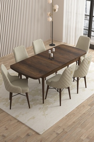 Loft Barok Desen 80x132 Açılabilir Mdf Masa Yemek Odası Takımı, Mutfak Takımı 6 Sandalye Krem