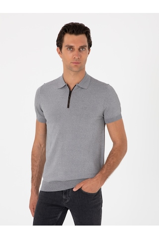 Gri Slim Fit Fermuarlı Polo Yaka Triko T-shirt
