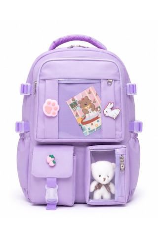 Quovo Kawaii Kore Tarzı Full Aksesuarlı Yerli Günlük Okul Çantası Kız Erkek Beslenme Kalemlik Çanta Seti Pembe - Lila
