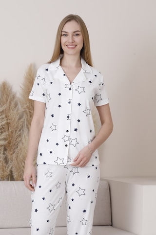 Wordex Mirano 6872 Kısa Kollu Yıldızlı Süprem Kumaş Düğmeli Kadın Pijama Takımı Beyaz