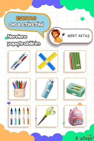 Aslan Temalı Özel İsminiz Yazılı Okul Etiketi Diğer