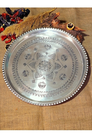 Modabakir Bakır Tepsi Sunumluk, Dekorasyon 45 Cm Model:5355pp Gümüş