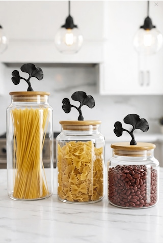3'lü Bambu Kapaklı Mat Siyah Ginkgo Figürlü Şeffaf Cam Kavanoz Cam Saklama Kabı 635/890/1400ml Çok renkli