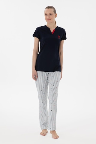 U.s. Polo Assn. Kadın V Yaka Yarım Kollu Patlı Çizgili Pijama Takım lacivert