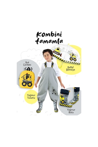 Denokids İnşaat Aracı Erkek Çocuk Su Geçirmez Yağmur Tulumu Renkli