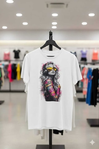 Renkli Kadın Figürü Baskılı Siyah Beyaz T-shirt Beyaz