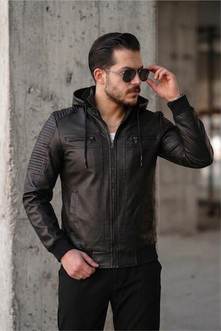Oksit Kegg Erkek Siyah Slim Fit Kapüşonlu Omuz Detaylı Suni Deri Ceket