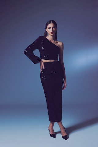Sateen Kadife Payetli Midi Etek - Siyah-135602 Siyah