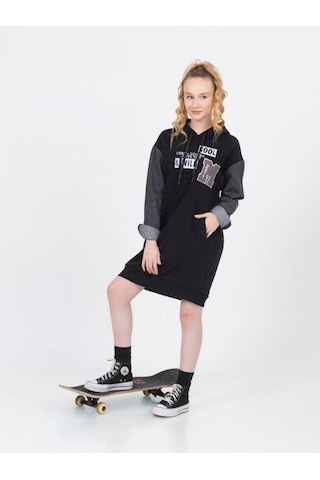 Kız Çocuk Kapüşonlu Kolları Kot Sweat Elbise-13452-siyah Siyah