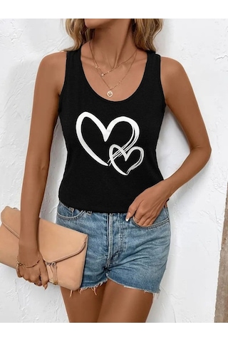 Ge Ticaret Kadın Askılı Yuvarlak Yaka Kalp Baskılı Viskon Bluz Siyah